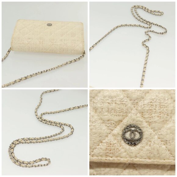 CHANEL Matelasse Chain Wallet Tweed White Silver CC Auth 138800 - Picture 16 of 16